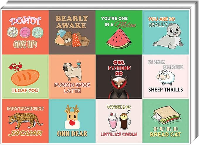 Creanoso Silly Funny Puns Stickers (10-Sheet) – Total 120 pcs (10 X 12pcs) Waterproof, Unique Personalized Themes Designs, DIY Decoration Art Decal for Boys & Girls, Children, Teens