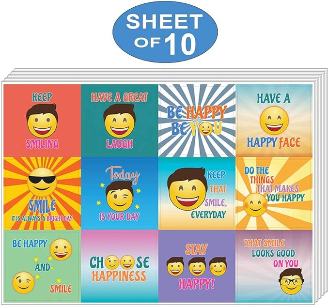 Creanoso Happy Face Stickers (10-Sheet) – Total 120 pcs (10 X 12pcs) Individual Small Size 2.1 x 2. Inches, Waterproof, Unique Personalized Designs, Decor Art Decal for Boys & Girls, Children, Teens