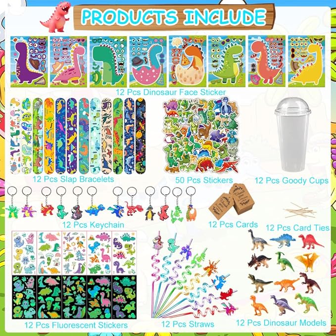 Dinosaur Party Favors, 172 pcs Birthday Party Supplies contains Cups, Straws, Bracelets, Keychains, Stickers, Small Models, Tatoo Stickers, DIY Stickers, Thanks Tags for Animal Themed Birthday Decors