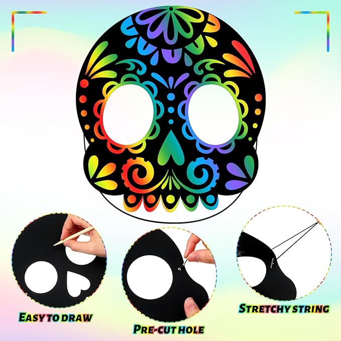 Deekin 60 Pcs Day of The Dead Scratch Masks Skulls Arts and Crafts Gift Set Halloween Skull Scratch Party Favors DIY Art Mask Craft Kit for Mexican Dia De Los Muertos Activity Party Decoration