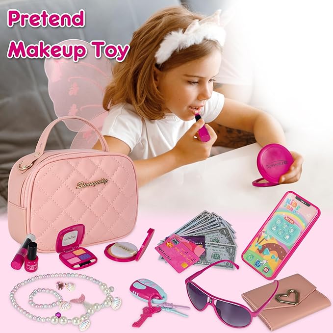Play Purse for Little Girls, Toddler Purse with Accessories and Pretend Play Makeup Kit, My First Purse Set Includes Pink Handbag, Wallet, Toy Phone, Kids Toy, Christmas Birthday Gift Set for Age 3+