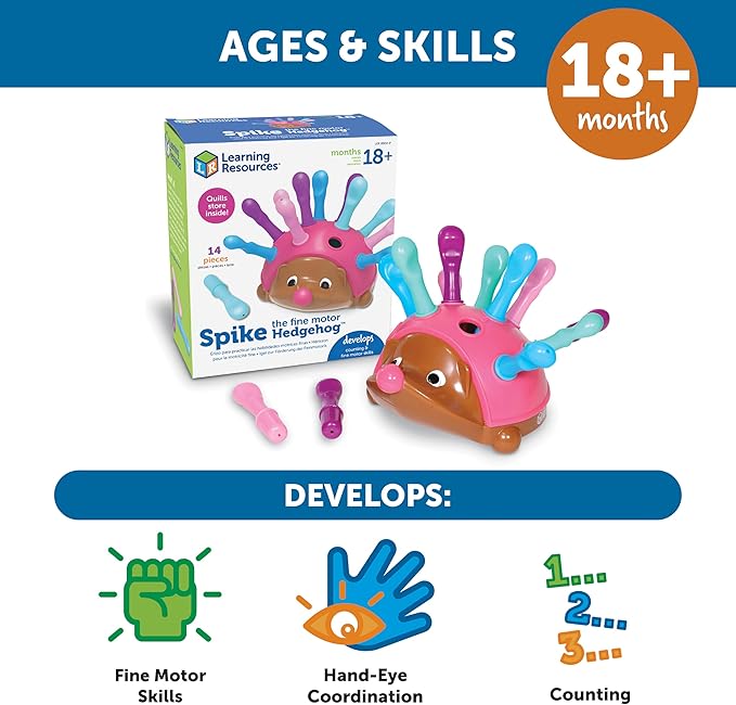 Learning Resources Spike The Fine Motor Hedgehog Pink - 14 Pieces, Ages 18+ months Fine Motor and Sensory Toy, Educational Toys for Toddlers, Montessori Toys