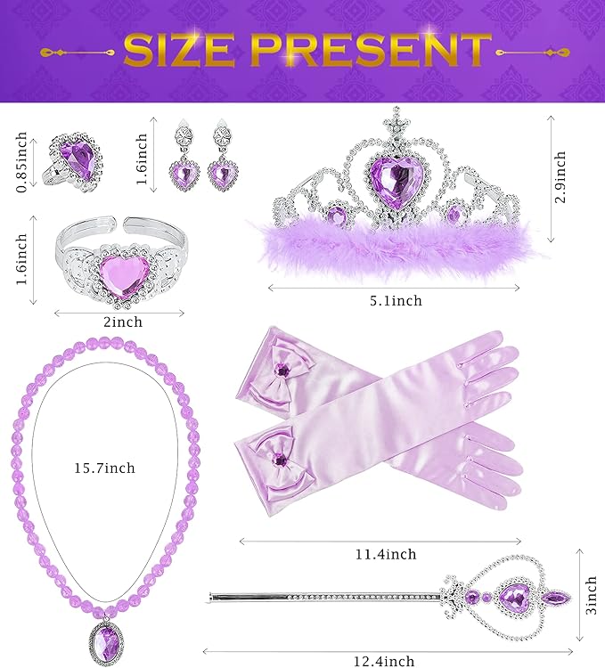 Princess Dress Up Accessories Princess Gloves, BIBUTY 7pcs Dress Up Set for Toddler Girls with Princess Crown, Wand, Gloves, Necklace, Earrings, Bracelet and Ring, Costume Toys for 3-6 yr Little Girls