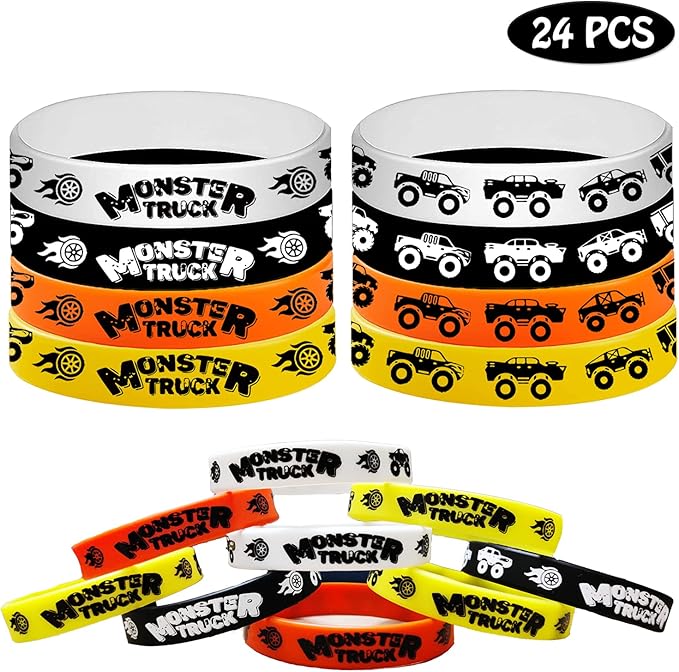 CupaPlay 24PCS Monster Truck Theme Rubber Silicone Wristbands -Birthday Party Favors Party Supplies Decorations