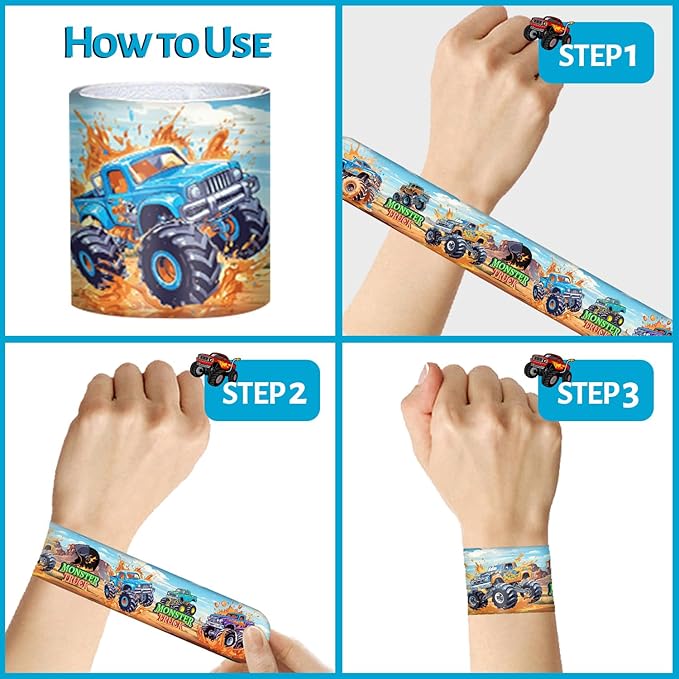 Monster Truck Party Favors 24 Pcs Monster Truck Slap Bracelets 50 Pcs Monster Truck Stickers 80 Pcs Monster Truck Tattoos Monster Truck Birthdays Decorations Supplies for Kids Boys Classroom Rewards