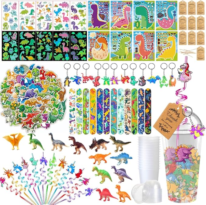 Dinosaur Party Favors, 172 pcs Birthday Party Supplies contains Cups, Straws, Bracelets, Keychains, Stickers, Small Models, Tatoo Stickers, DIY Stickers, Thanks Tags for Animal Themed Birthday Decors