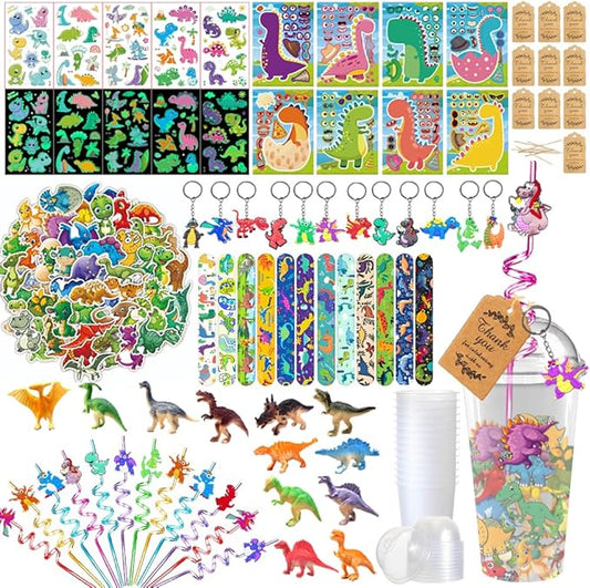 Dinosaur Party Favors, 172 pcs Birthday Party Supplies contains Cups, Straws, Bracelets, Keychains, Stickers, Small Models, Tatoo Stickers, DIY Stickers, Thanks Tags for Animal Themed Birthday Decors