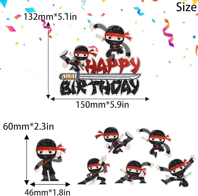 Samurai Ninja Cake Toppers 7-Piece Happy Birthday Decorations, Boy or Girl Ninja Themed Birthday Party, Martial Arts Karate Party or Baby Shower Party Decorations. SugarGera