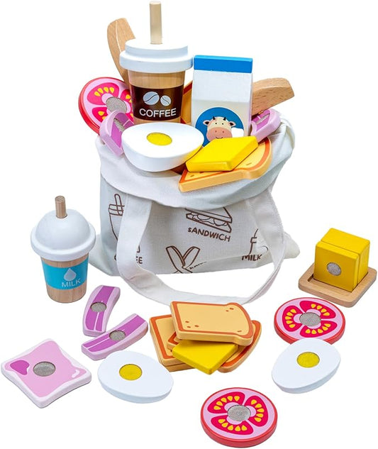 PLAZA BROTHER'S Wooden Play Food Set Eco Friendly, Realistic Picnic Toy with Shopping Bag. Encourages Creativity and Role Play Perfect for Kids Ages 3 Up