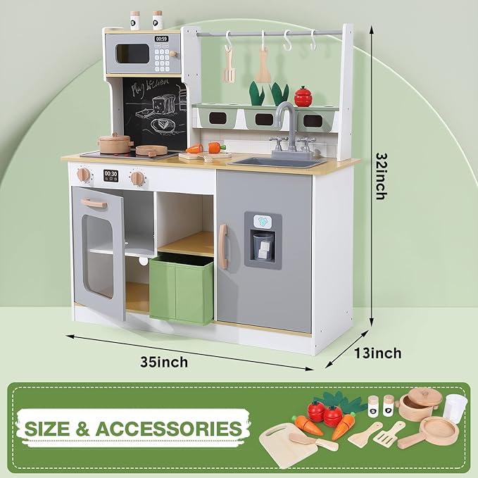 Play Kitchen for Kids, Wooden Play Kitchen with Toy Storage System, Kids Play Kitchen with Cookware Accessories, Kids Play Kitchen Designed, Gift for Ages 3+