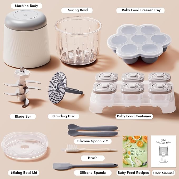 NCVI Puree Baby Food Processor Glass Set, Mini Infant Food Maker Blender Machine with 8 Blades and Grinding Disc, Small Blender for Baby Food Including Food Containers, Silicone Tray and Tableware