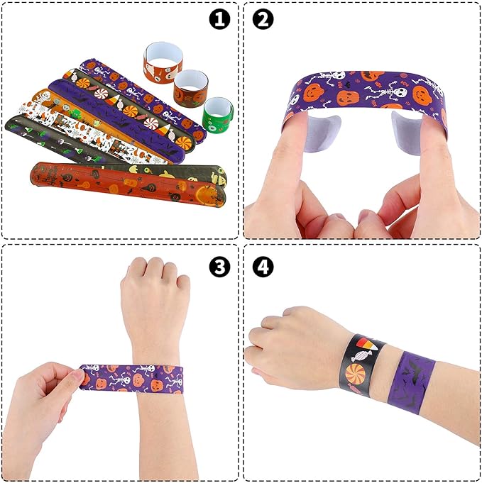 Elcoho 72 Pieces Halloween Favors Slap Bracelets Toys Halloween Wristbands Slap Bracelets for Halloween Trick or Treat Gifts