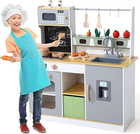 Play Kitchen for Kids, Wooden Play Kitchen with Toy Storage System, Kids Play Kitchen with Cookware Accessories, Kids Play Kitchen Designed, Gift for Ages 3+