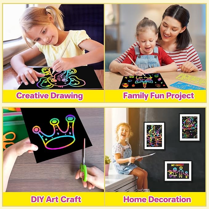 Scratch Rainbow Paper for Kids: 117 Pcs Magic Scratch Off Paper Children Art Crafts Set Kit Supplies Toys Black Scratch Sheets Notes Cards for Boys Girls Birthday Party Favors Christmas Easter Gift