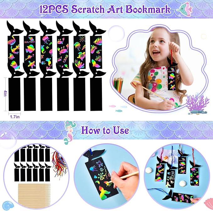 Mermaid Party Favors Birthday Supplies Invisible Ink Pen Spiral Notepad Stamper Slap Bracelet Scratch Paper Tattoo Sticker Goodie Bag Stuffer Kid Girl Little Mermaid Birthday Party Supplies Decor
