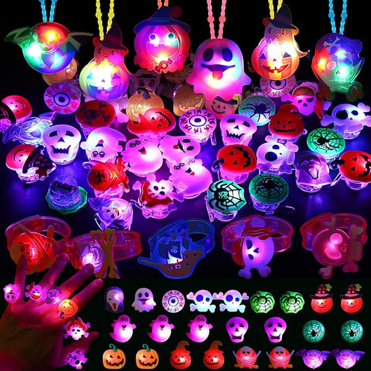 DIYASY 63 Pcs Halloween Party Favors, Light Up Rings Necklace LED Flash Bracelets Lighted Brooches Bulk Glow Toys Party Supplies Decorations for Kids