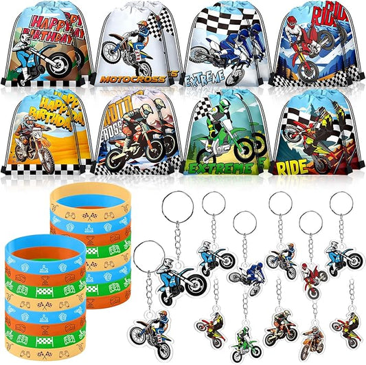 Talltalk 48 Pcs Dirt Bike Party Favors for Boy Motocross Birthday Decorations 16 Motorcycle Party Drawstring Bag Racing Candy Goodie Snacks Gift Bag 16 Wristband 16 Keychain for Baby Shower Birthday