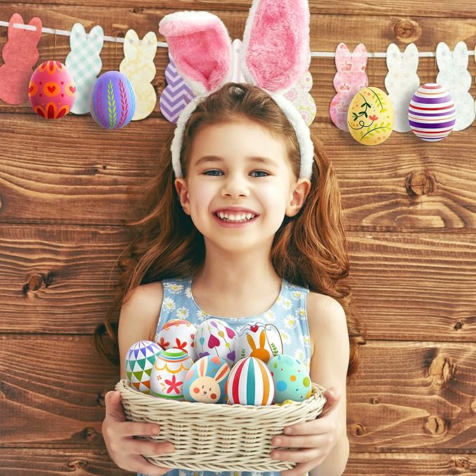 Easter White Eggs Painting Kit-Paintable Hanging Flocking Eggs with Rope, Doodle Kit for DIY Design, Easter Decoration, egg Hunts, Basket Fillers, Easter Gift,28PCS