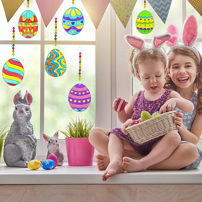 24 Sets Easter Egg Suncatcher Ornaments Decoration DIY Window Paint Art Stickers Craft Kit 8 Designs Easter Egg Suncatchers for Kids Classroom Easter Spring Activity Art Projects Basket Party Favors