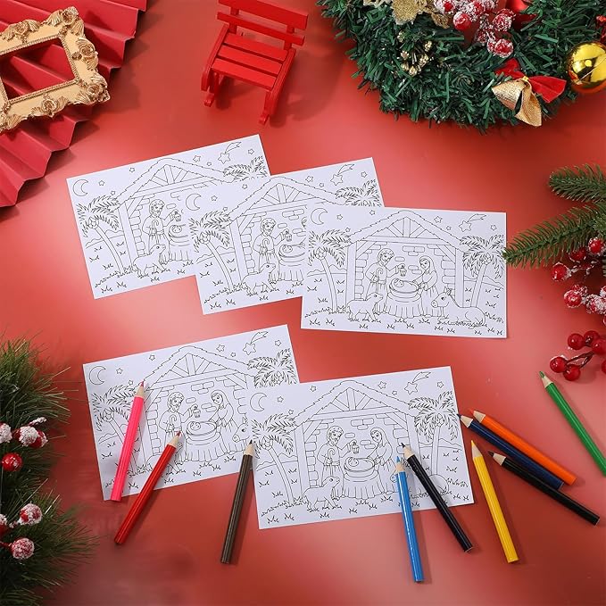 Qilery 36 Sets Christmas Activities Nativity Scene Coloring Page Bulk for Kids Coloring Page with Coloring Pencils and Organza Gift Bag Xmas DIY Art Drawing Page for Kids School Party Favor