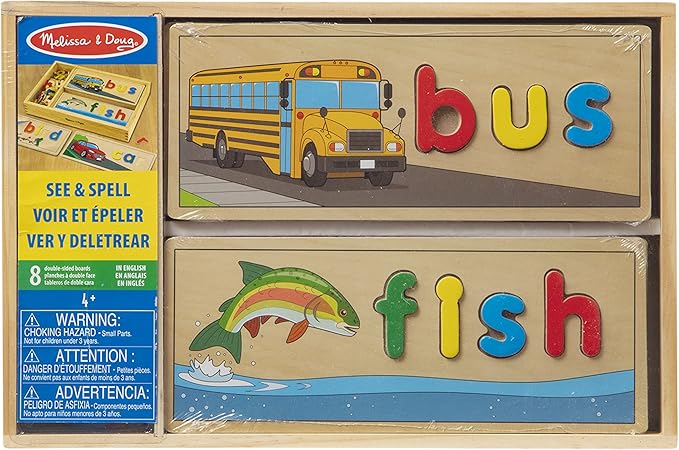 Melissa & Doug See & Spell Wooden Educational Toy With 8 Double-Sided Spelling Boards and 64 Letters Preschool Learning Activities, See & Spell Learning Toys For Kids Ages 4+