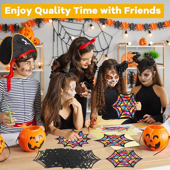 32Pcs Halloween Suncatcher Kit Halloween Window Art DIY Suncatcher Crafts for Kids Spider Web Sun Catcher Craft Stained Glass Effect Tissue Paper Halloween Party Favors Kids Classroom Decor
