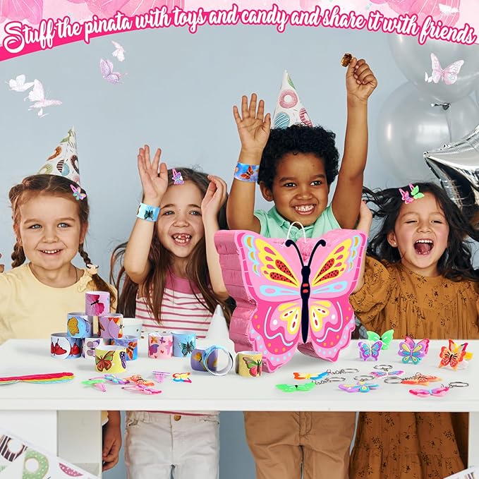 Pasimy 61 Pcs Butterfly Party Piñata Set, Butterfly Piñata with Stick Blindfold Butterfly Birthday Tattoos Stickers Hairpin Ring Slap Bracelet Keychain for Butterfly Themed Party Supplies Decor