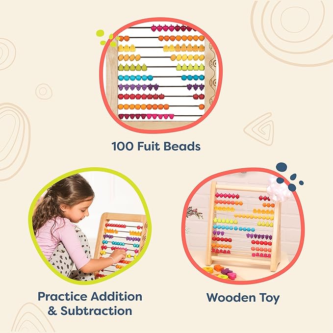 B. toys- Wooden Abacus Toy- Education Toy- Classic Wooden Math Game Toy for Early Childhood Education & Development with 100 Fruit Beads- Two-ty Fruity! -18 months +