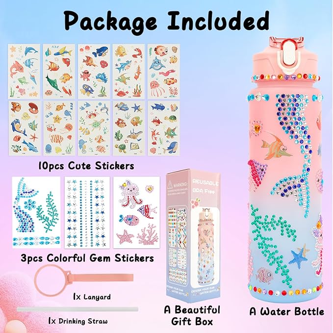 Decorate Your Own Water Bottle Kits for Girls 4-12, Valentines Day Gifts for Girls, Girls Water Bottle, Gem Stickers DIY Arts and Crafts Kits Supplies for Girls, Birthday Easter Gifts for Girls
