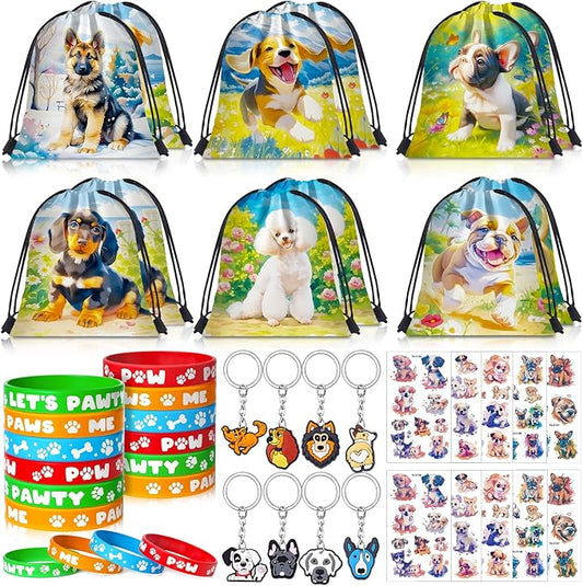 Dog Party Favors Birthday Supplies, Puppy Drawstring Bag Keychain Silicone Bracelet Tattoo Sticker, Paw Birthday Party Favor Goodie Bag Stuffers Fillers Classroom Rewards for Kids