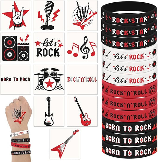 Sinasasspel 36PCS Rock And Roll Tattoos Silicone Bracelet Party Favors Born to Rock Decorations Supplies Temporary Tattoo Let’s Rock Rubber Wristband 60s 80s Retro Rock Band Party Decor