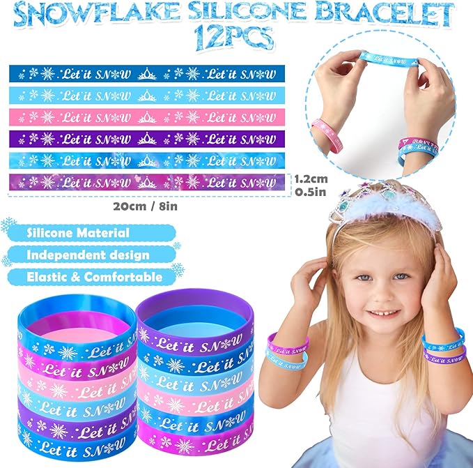 Winrayk 130Pcs Frozen Party Favors Birthday Supplies Heart Necklace Silicone Bracelet Stamper Snowflake Sticker Gift Bag Ring Pinata Filler Goody Bag Stuffer Kid Girl Winter Elsa Frozen Party Supplies