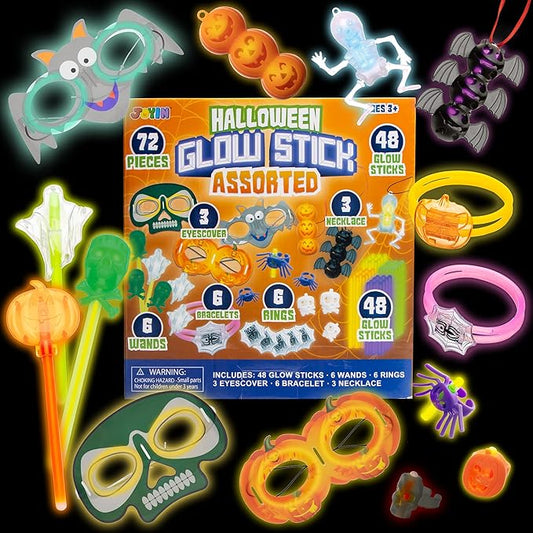 JOYIN 72 Pcs Halloween Glow Stick Bulk Light Up Party Supplies with 3 Eyescover, 3 Pendants, 6 Rings, 6 Wands, 6 Bracelets, 48 Glow Sticks for Halloween Glow in the Dark Party Favor Goodie Bag Fillers