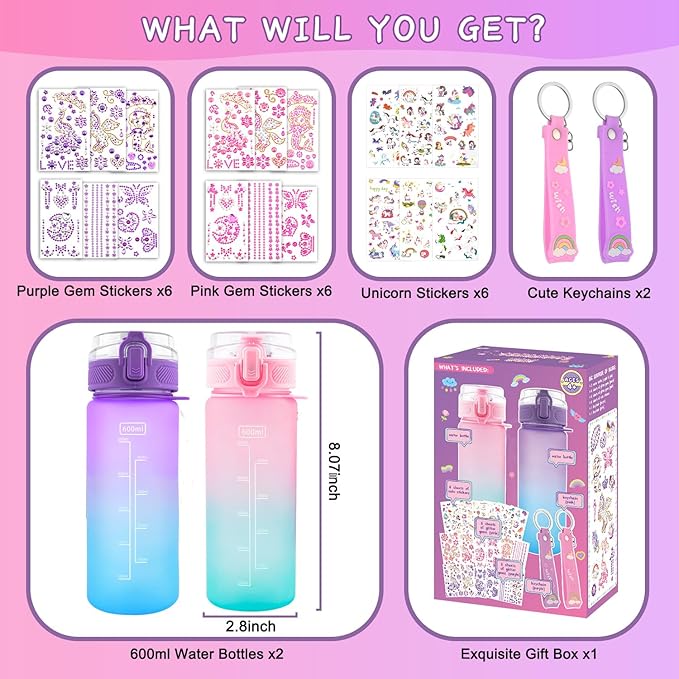 Decorate Your Own Water Bottle Kits Gifts for Girls Ages 4-6-8, DIY Mermaid Unicorn Water Bottle, Fun Kids Arts & Crafts Sticker Toys - 4 5 6 7 8 Year Old Girls Birthday Valentines Day Gifts, 2-Pack