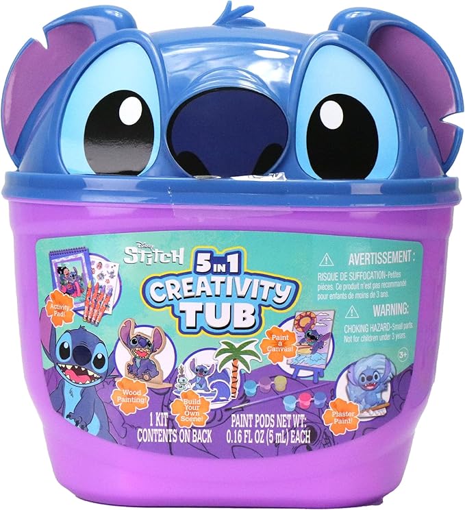 Disney Stitch 5 in 1 Creativity Tub, 50-Piece Paint and Color Preschool Arts and Crafts Activity Set, Kids Toys for Ages 3 Up