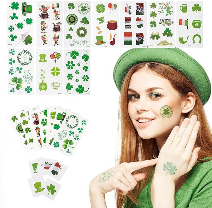 Whaline 94Pcs St. Patrick's Day Party Favor Set Include 12 Green Rubber Wristbands bracelet 12 Shamrock Necklace and 70 Piece Temporary Tattoo Sticker for St. Patrick Irish Party Supplies Decorations
