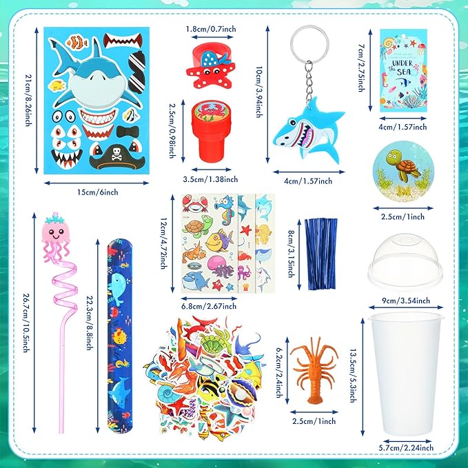 Poen 212 Pcs Under the Sea Party Favors Set Include Cup Straw Stamp Clap Bracelet Keychain Ring Puzzle Sticker Animal Miniature Card for Birthday Party Baby Shower Goody Bag Stuffer