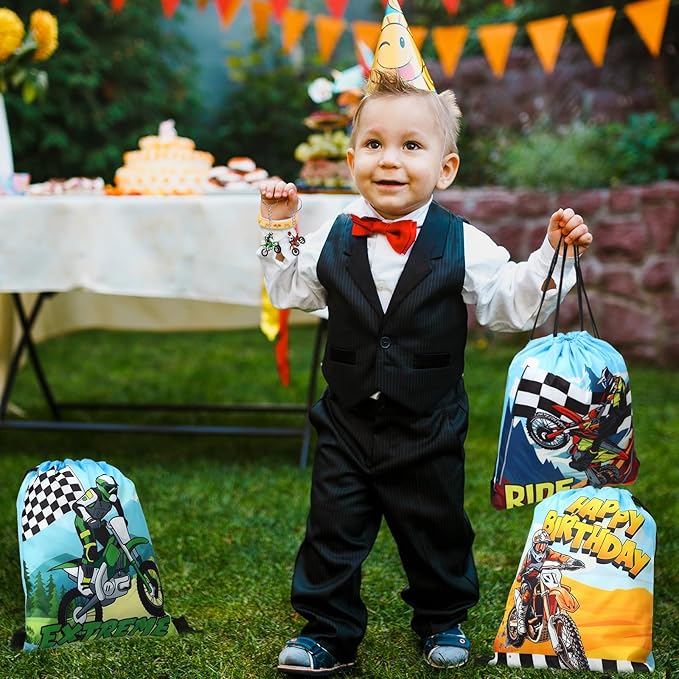 Talltalk 48 Pcs Dirt Bike Party Favors for Boy Motocross Birthday Decorations 16 Motorcycle Party Drawstring Bag Racing Candy Goodie Snacks Gift Bag 16 Wristband 16 Keychain for Baby Shower Birthday