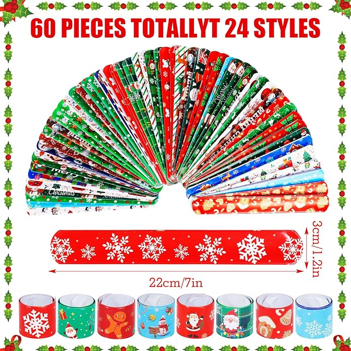 LUYI 60 PCS Christmas Slap Bracelets, Christmas Party Favors Toys for Kids Xmas Slap Wristbands Snap Bracelets Bulk for Christmas Stocking Stuffers Decoration Gifts Bag Filler