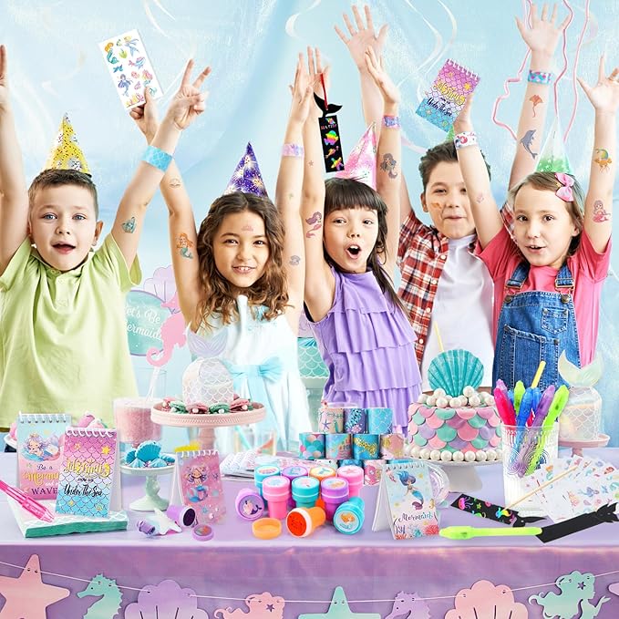 Mermaid Party Favors Birthday Supplies Invisible Ink Pen Spiral Notepad Stamper Slap Bracelet Scratch Paper Tattoo Sticker Goodie Bag Stuffer Kid Girl Little Mermaid Birthday Party Supplies Decor