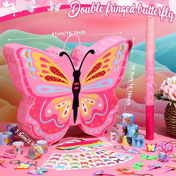 Pasimy 61 Pcs Butterfly Party Piñata Set, Butterfly Piñata with Stick Blindfold Butterfly Birthday Tattoos Stickers Hairpin Ring Slap Bracelet Keychain for Butterfly Themed Party Supplies Decor