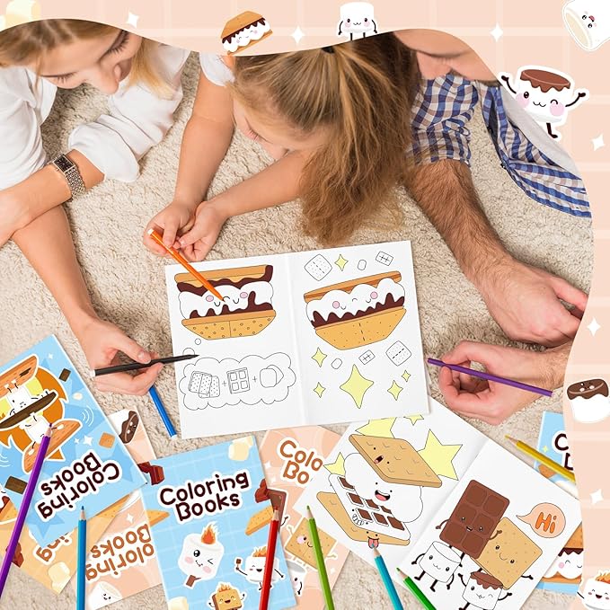 Marshmallow Coloring Books for Kids 24Pcs Bulk Campfire Camping Themed Mini Coloring Booklet DIY Art Drawing Book with Marshmallow for Toddlers Kids Birthday Party Favors Goodie Bag Filler