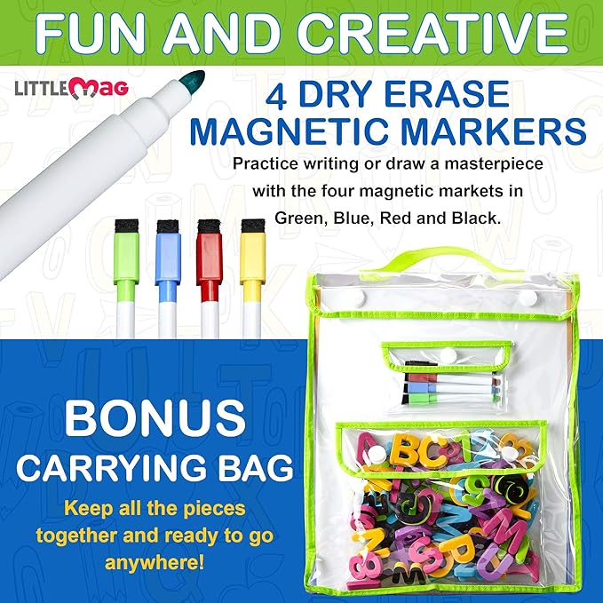 Magnetic Easel and Whiteboard for Kids – 4 Dry Erase Markers, 72 Magnet Numbers and Letters, and Bonus Carrying Bag – Table Top Educational Children’s Play Set