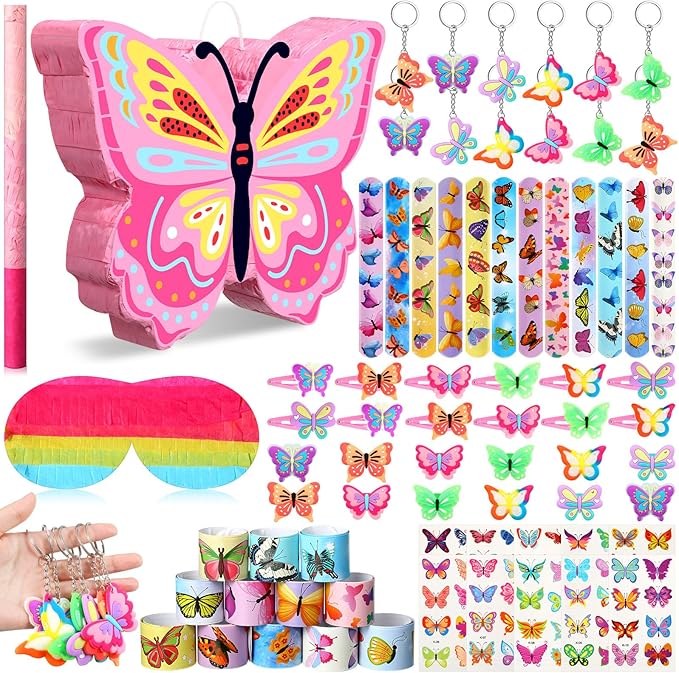 Pasimy 61 Pcs Butterfly Party Piñata Set, Butterfly Piñata with Stick Blindfold Butterfly Birthday Tattoos Stickers Hairpin Ring Slap Bracelet Keychain for Butterfly Themed Party Supplies Decor