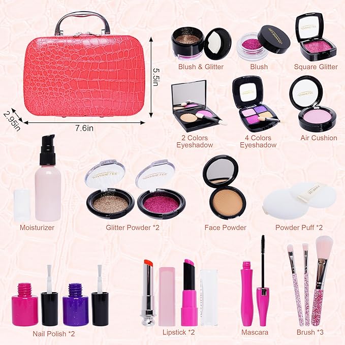 Pretend Makeup Kit for Girls Kids Pretend Play Makeup Set with Exquisite Leather Bag and Gift Box for Birthday Christmas Age 3+ (Not Real Makeup) (21pcs Rose Pink kit)