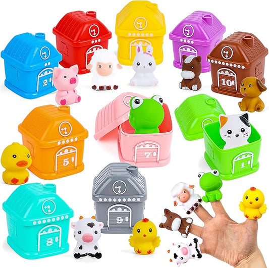 LovesTown 20PCS Learning Barn Toys, Farm Animals Toys Toddler Farm Montessori Counting, Matching and Sorting Fine Motor Games Birthday Gift for Baby Toddlers