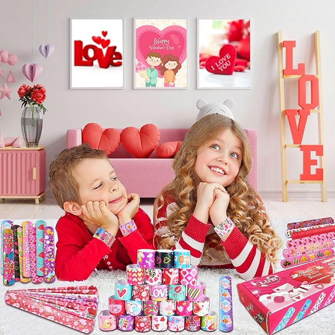 LUYI 60 Pcs Valentines Day Slap Bracelets Wristbands Valentines Day Gifts for Kids Party Supplies Toys School Class Classroom Exchange Birthday Game Prizes Goodie Bag Fillers
