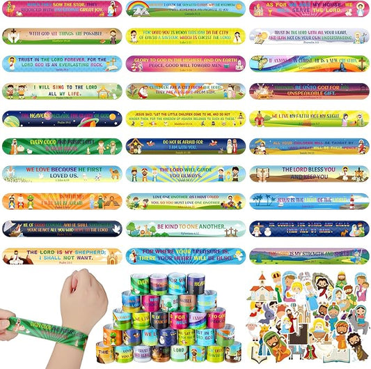 Sasylvia 320 Pcs Bible Verse Christian Slap Bracelets Party Favors for Kids Bulk Include 120 Religious Treat Bag Stuffers Snap Bracelets Kids Bracelets with 200 Bible Stickers for School Supplies