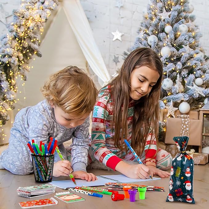 Pasimy 194 Pcs Christmas School Stationery Set Xmas Goody Bag Filler with Key Chain Slap Bracelet Pen Stationery Stocking Christmas Party Favors Assortment for Classroom Gift Prizes Reward Supplies