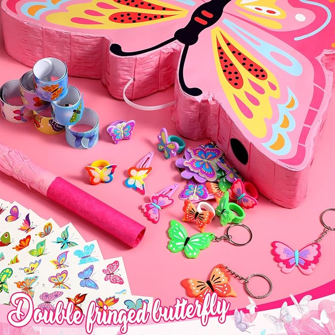 Pasimy 61 Pcs Butterfly Party Piñata Set, Butterfly Piñata with Stick Blindfold Butterfly Birthday Tattoos Stickers Hairpin Ring Slap Bracelet Keychain for Butterfly Themed Party Supplies Decor